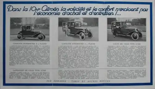 Citroen 10 HP Modellprogramm 1922 "Les Voitures fermees" Automobilprospekt (7722)