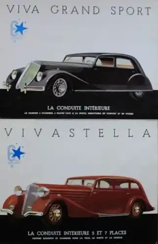 Renault Vivastella Grand Sport 6 Zylinder Modellprogramm 1934 sechs Doisneau Automobilprospekt-Blätter (7738)