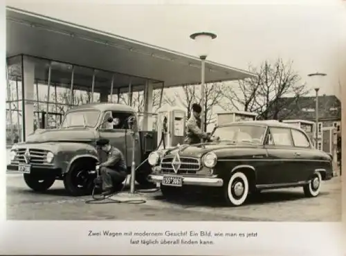 Borgward Isabella und B 511 vor Aral-Tankstelle 1956 Werksfoto (3582)