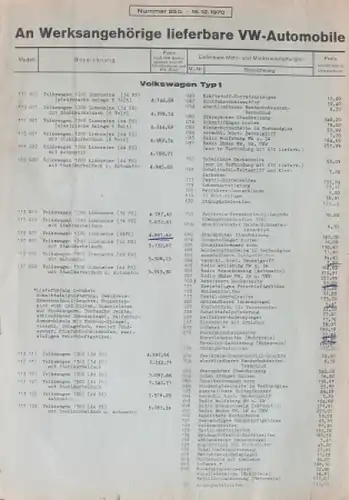 Volkswagen Modellprogramm 1970  "An Werksangehörige lieferbare VW-Automobile" Automobilprospekt (2526)