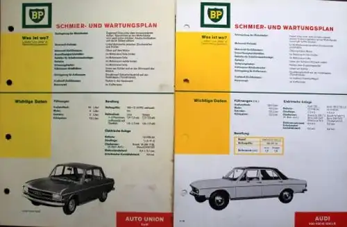BP Schmier- und Wartungspläne für Audi-Modelle 1970 fünf Blatt (8522)