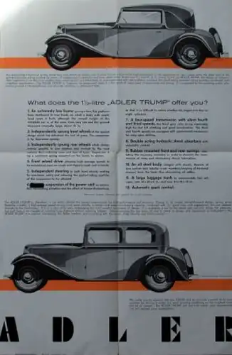 Adler Trump 1,5 Litre Modellprogramm 1933 Reuters Motiv Automobilprospekt (7678)