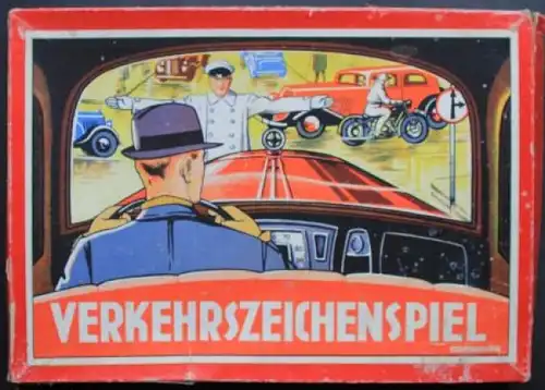 Abel-Klinger "Verkehrszeichenspiel" 1936 Verkehrs-Brettspiel mit 4 Zinnfahrzeugen in Originalkarton (9630)
