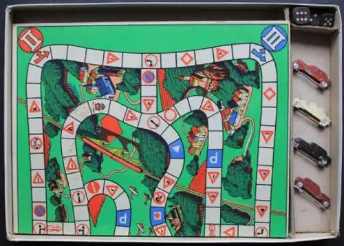 Abel-Klinger "Verkehrszeichenspiel" 1936 Verkehrs-Brettspiel mit 4 Zinnfahrzeugen in Originalkarton (9630)