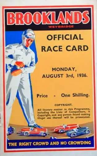 Brooklands Race "Offical Race Card" August 1936 Rennprogramm (7345)