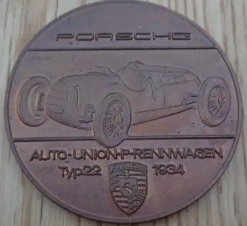 Porsche Kalendermünze "Auto-Union Rennwagen Typ 22" 1970 Messing (6774)