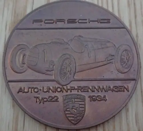Porsche Kalendermünze "Auto-Union Rennwagen Typ 22" 1970 Messing (6774)