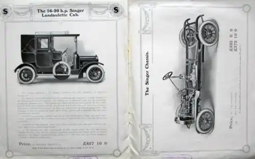 Singer Motors 16-20 h.p. Modellprogramm 1910 Automobilprospekt (7764)