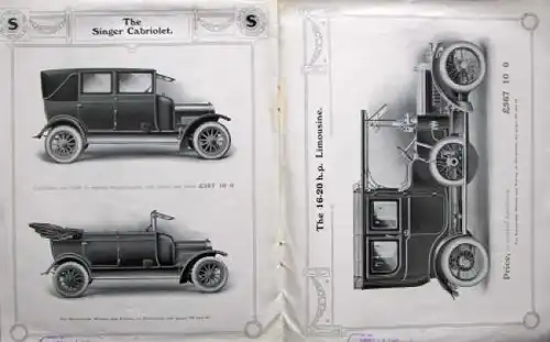 Singer Motors 16-20 h.p. Modellprogramm 1910 Automobilprospekt (7764)