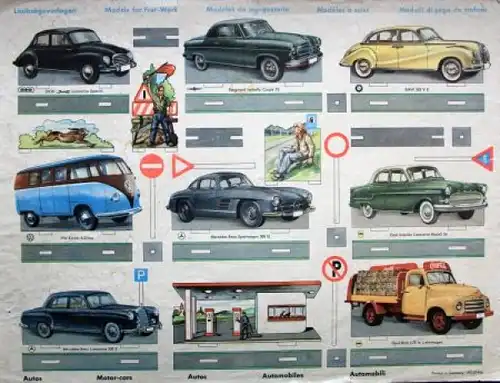 Pestalozzi Auschneidebogen 1955 Tankstelle mit Borgward, VW, BMW etc. Karton (1417)