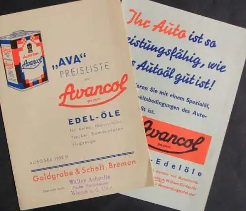 Avancol Edel-Autooel 1932 Prospekt und Preisliste (2738)
