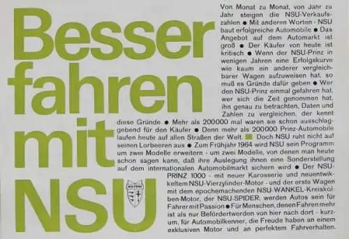 NSU Modellprogramm 1964 "Besser fahren mit NSU" Automobilprospekt (7290)