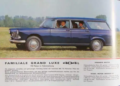 Peugeot 404 Familiale Grand Luxe Kombi Modellprogramm 1965 Automobilprospekt (7118)