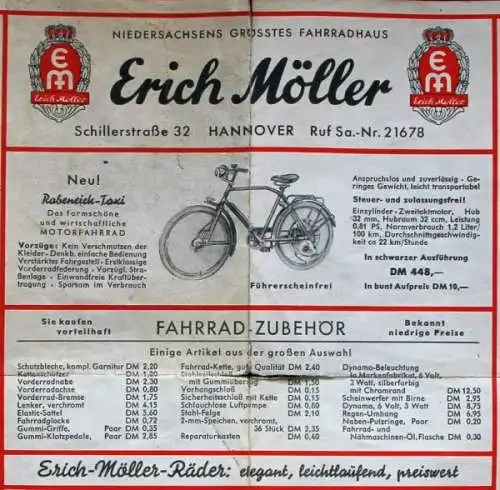 Fahrrad Zubehör 1958 Erich Möller Hannover Fahrradprospekt (3476)