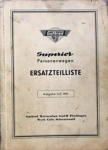 Gutbrod Superior Personenwagen 1951 Ersatzteilkatalog (3324)