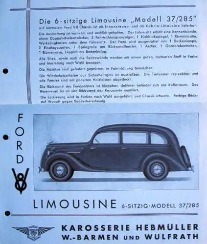 Ford V8 Hebmüller Limousine 37/285 Modellprogramm 1936 Automobilprospekt (0403)