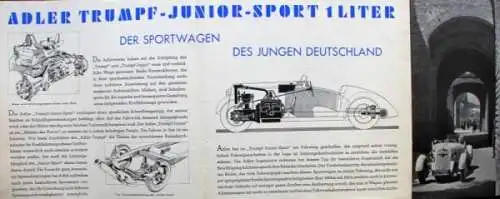 Adler Trumpf Junior Sport Modellprogramm 1936 "Der Sportwagen des jungen Deutschland" Automobilprospekt (1221)