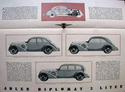 Adler Diplomat 3 Liter Modellprogramm 1936 Reuters Motive Automobilprospekt (1222)