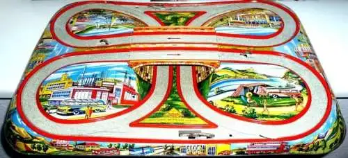 Technofix "Autobahn Viadukt" 1960 Blechbahn mit Fahrzeugen Friktionsantrieb (2000)