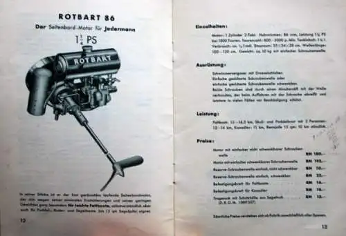 Rotbart Seitenbordmotoren 2 1/2 PS 1932 Werbeprospekt (3384)