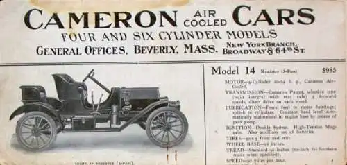 Cameron Cars Model 14 Modellprogramm 1909 Automobilprospekt (2925)