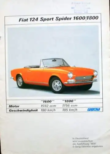 Fiat 124 Sport Spider 1800 Modellprogramm 1967 Automobilprospekt (2443)