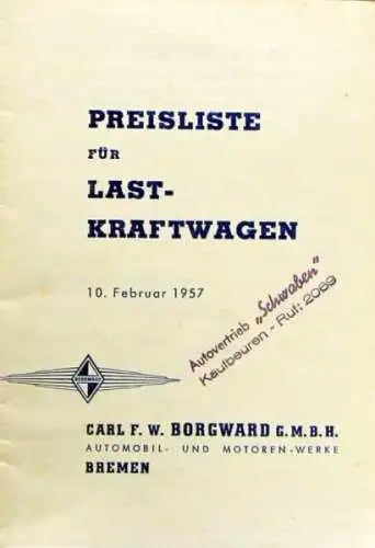 Borgward Last-Kraftwagen Preisliste 1957 (2195)