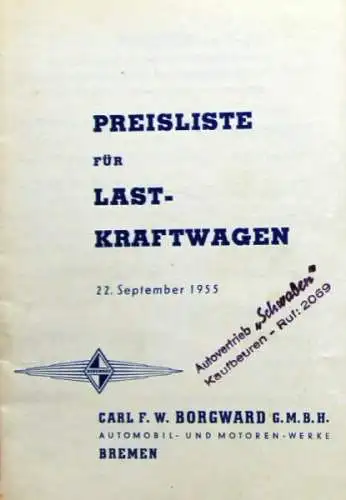 Borgward Last-Kraftwagen Preisliste 1955 (0971)