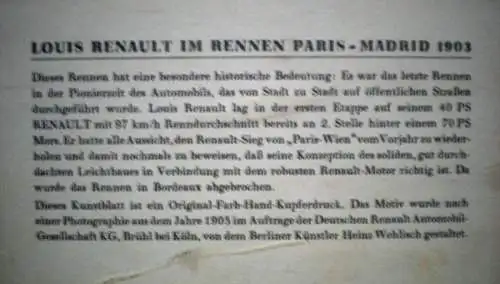 Renault Rennen Paris-Madrid 1903 Kunstdruck von Heinz Wehlisch 1960 (5663)