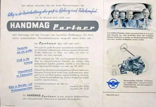 Hanomag Partner Prototyp Modellprogramm 1951 Automobilprospekt (2815)