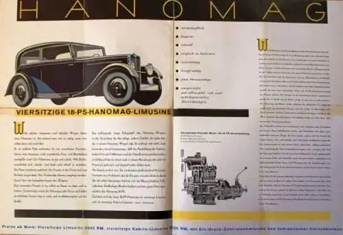 Hanomag 18 PS Modellprogramm 1932 "Der wirtschaftliche Viersitzer" Automobilprospekt (8160)