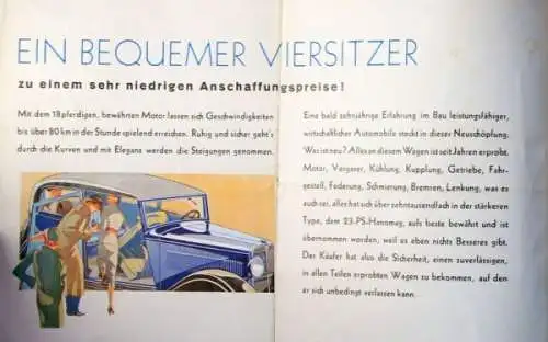 Hanomag 18 PS Modellprogramm 1932 "Der wirtschaftliche Viersitzer" Automobilprospekt (8160)
