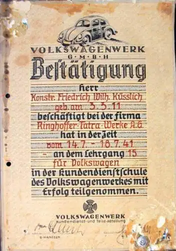 Volkswagen KdF Lehrgangsbestätigung 1941 mit Anstecker (3676)