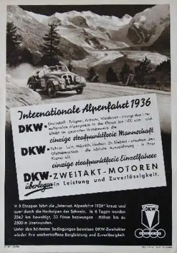 DKW Modellprogramm 1936 "Internationale Alpenfahrt" Automobilprospekt (8763)