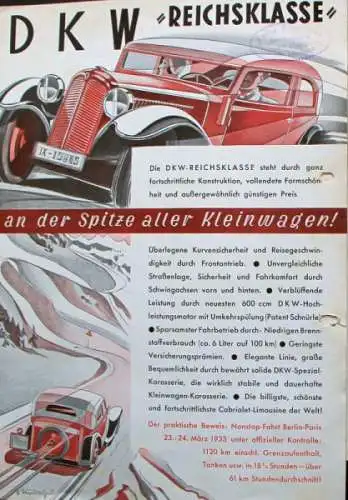 DKW Reichsklasse Modellprogramm 1933 Automobilprospekt (4634)