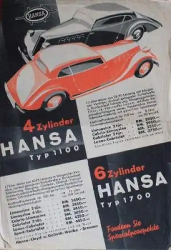 Borgward Hansa 1100 - 1700 Modellprogramm 1936 Automobilprospekt (0633)