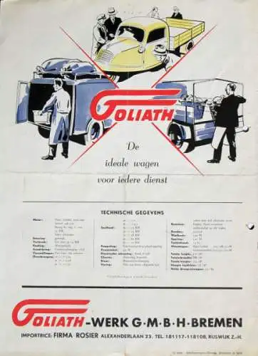 Goliath Dreiradwagen Rosier Modellprogramm 1950 "Die zich zelf betaalt" Automobilprospekt (7841)