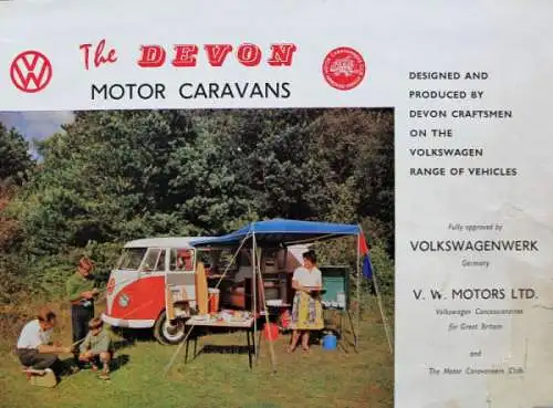 Volkswagen T1 Transporter Campingwagen Modellprogramm 1965 "Devon Caravans" Automobilprospekt (8631)
