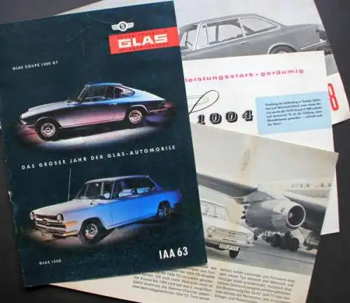 Glas Modellprogramm 1963 fünf Automobilprospekte (0553)