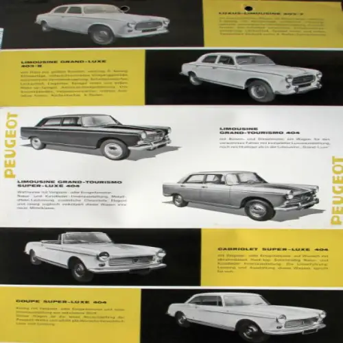 Peugeot 404 Limousine Grand Tourisme Modellprogramm 1967 fünf Automobilprospekte (7714)
