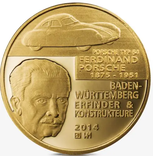 Porsche Gold-Gedenkmünze Ferdinand und Ferry Porsche 2014 in Box (9373)