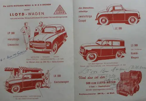 Lloyd Modellprogramm 1951 "Alle wünschen sich den Lloyd" Automobilprospekt (10006)