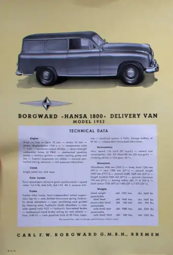 Borgwared Hansa 1800 Delivery Van Modellprogramm 1953 Automobilprospekt (10073)