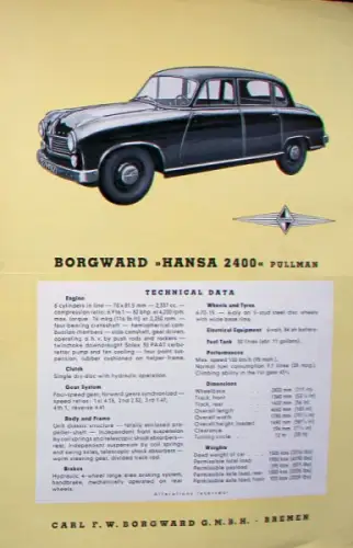 Borgward Hansa 2400 Pullman Modellprogramm 1952 Automobilprospekt (10074)