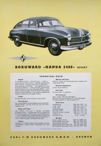Borgward Hansa 2400 Sport Modellprogramm 1952 Automobilprospekt (10075)