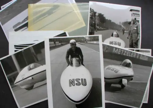 NSU Fliegende Zigarre Motorrad-Rennfahrzeug 1956 dreizehn Werksfotos (10148)