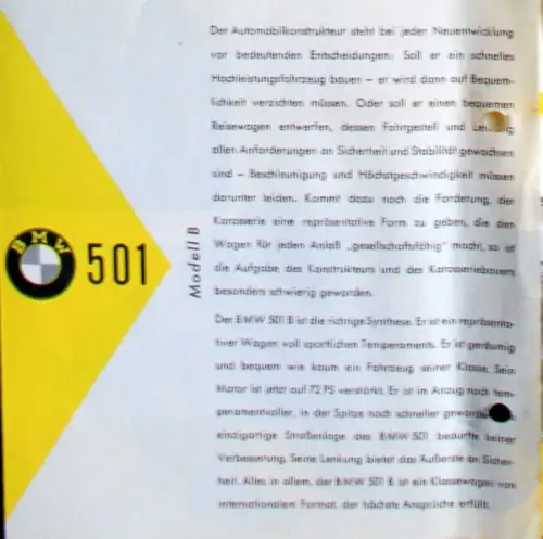 BMW 501 Modellprogramm 1954 Automobilprospekt (6592)