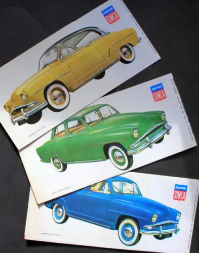 Simca Deluxe - Grand Large - Elysse Modellprogramm 1955 drei Automobilprospekte (6649)