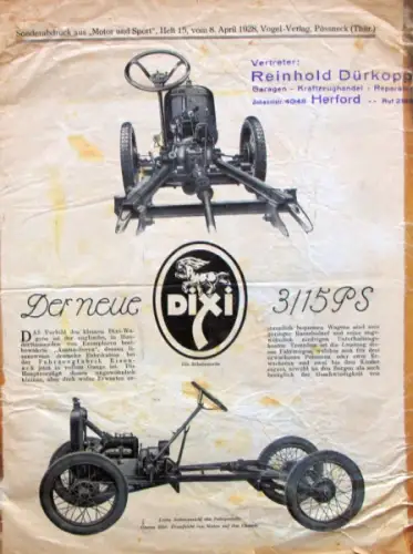Dixi 3/15 PS Modellprogramm 1928 Automobilprospekt (6822)