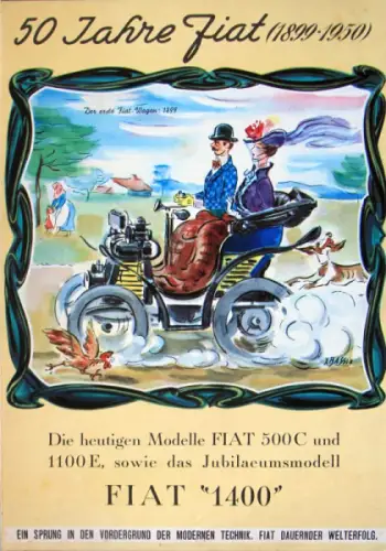 Fiat 1400 Modellprogramm 1950 "50 Jahre Fiat" Automobilprospekt (10300)